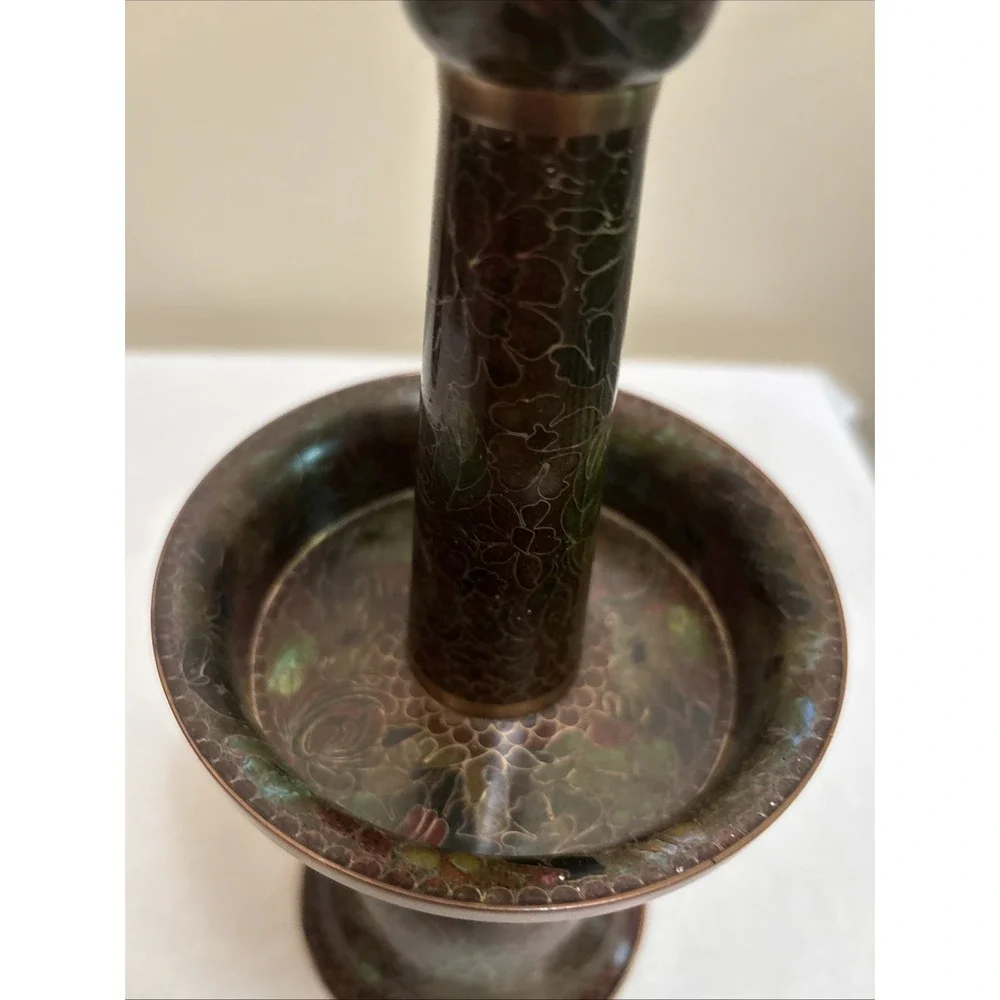 Vintage Chinese Cloisonne Floral Candlesticks Copper Brass 10.5 Inch Set of 2